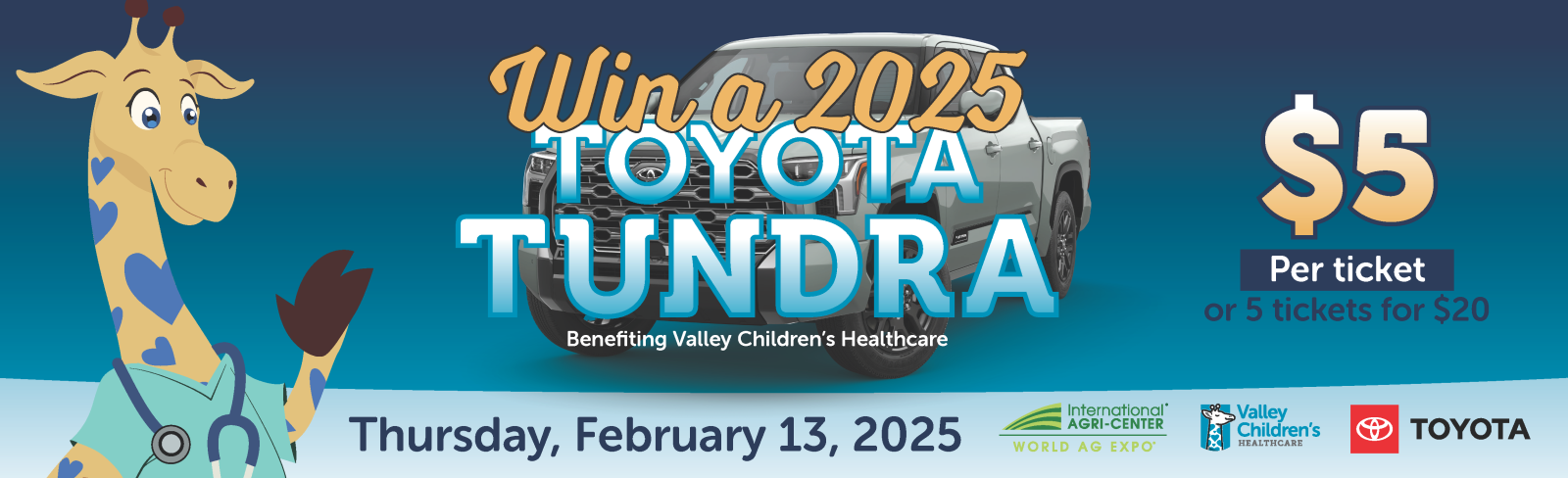 Gráfico mostrando a George la jirafa y al Toyota Tundra 2025 para el evento "Gane un Tundra"
