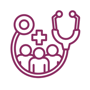 Line drawing of a stethoscope, three people, and a healthcare cross