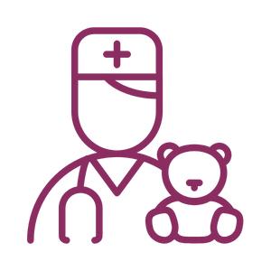 Line drawing of a medical professional holding a teddy bear