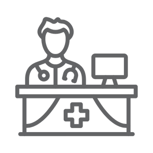 Line drawing of a medical professional with a stethoscope at a desk
