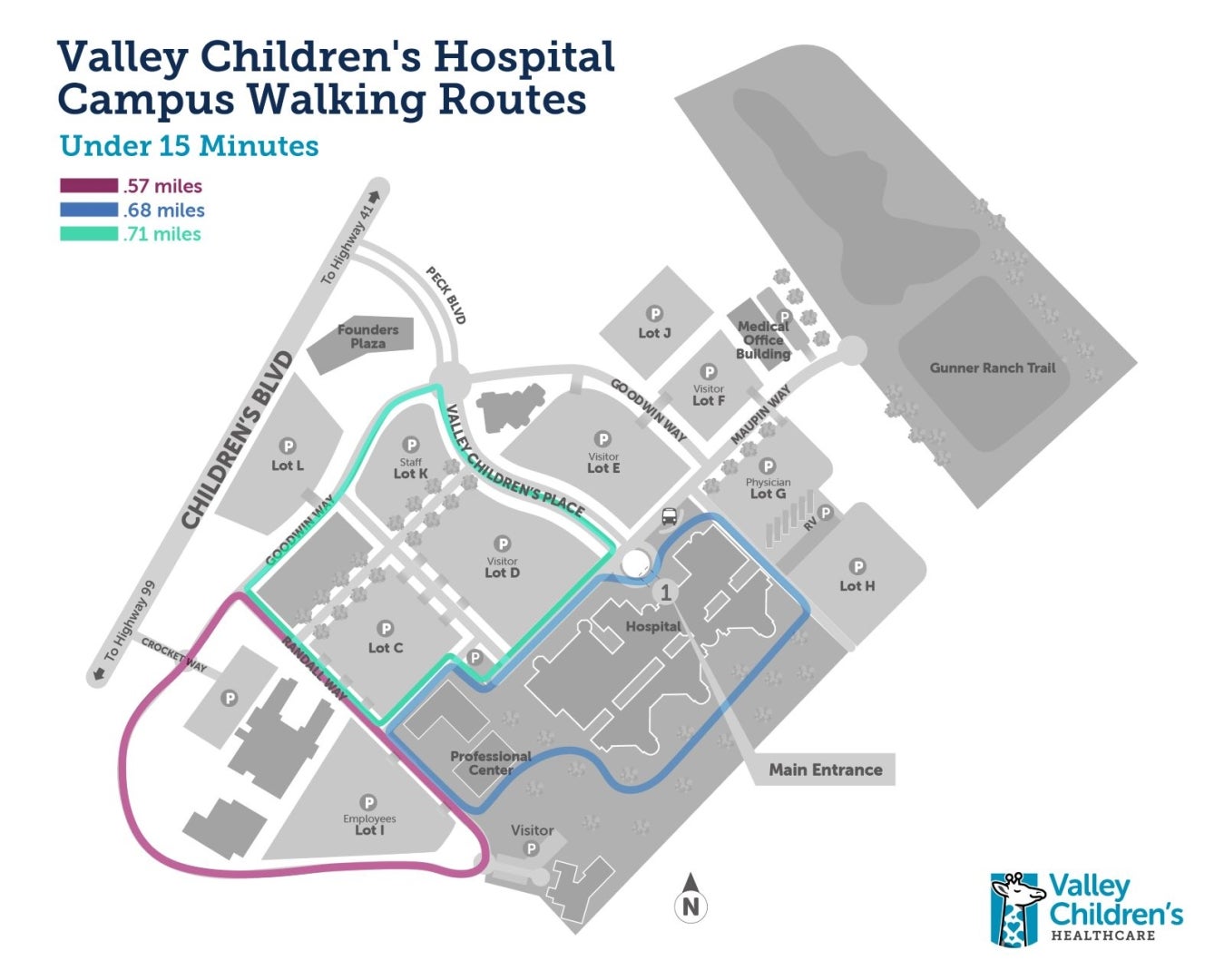 A map showing walking paths under 15 minutes on Valley Children's Hospital's campus