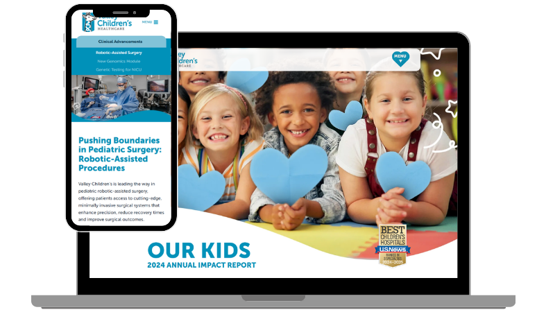 Mockups on a mobile phone and laptop screen of the 2024 Valley Children's Annual Impact Report microsite
